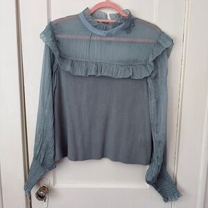 BROADWAY 38 Ruffle Sheer Yoke Long Sleeve Blouse in Slate Blue Women’s Large